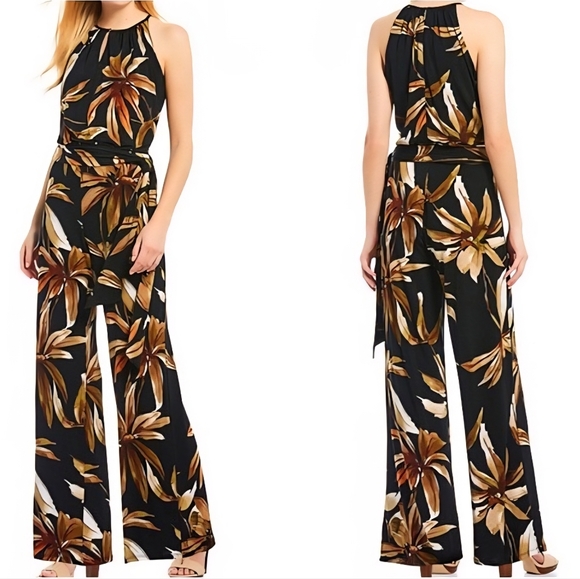 T Tahari Pants - T Tahari Black and Brown Leaf Print Jumpsuit. Size L. nwt.